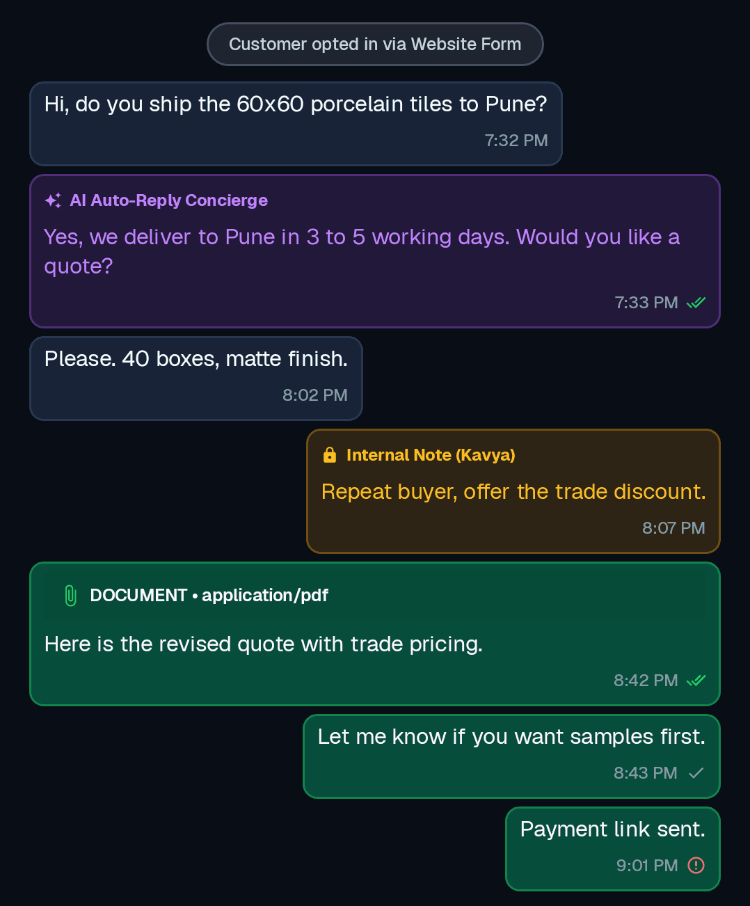ChatPat chat with an AI reply, an internal note and a shared quote